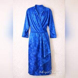 💙 Handmade Royal Blue Floral Jacquard Wrap Midi Dress | Vintage Formal M